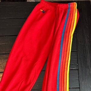 Aviator Nation Women’s 5 STRIPE SWEATPANTS - RED // NEON RAINBOW - Small